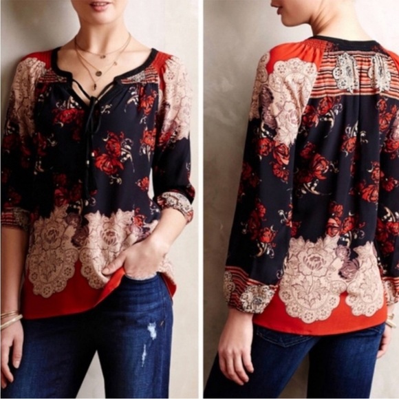 Anthropologie Meadow Rue 100% Silk Boho Blouse Size Small - Picture 1 of 12